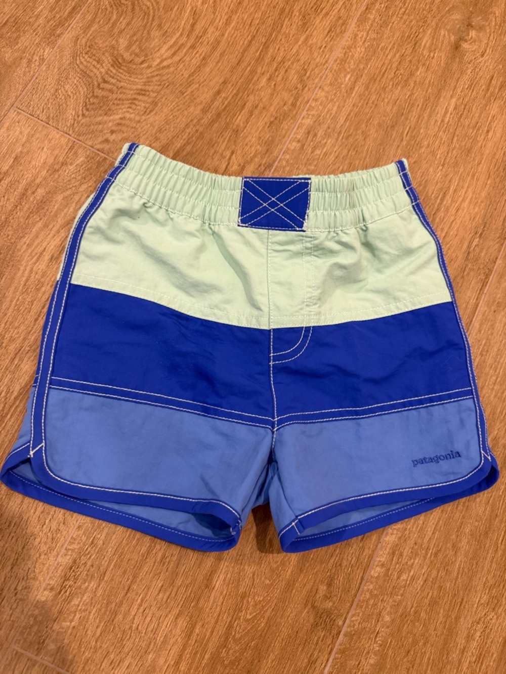 Patagonia Kids Blue and Light Green Colorblock Swim Shorts